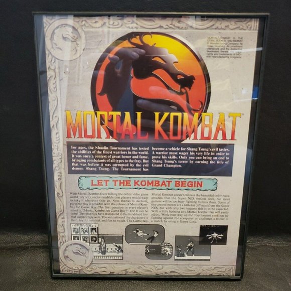 FRAMED Retro 1993 Mortal Kombat II 2 ad/poster SNES Genesis Video Game Wall Art
